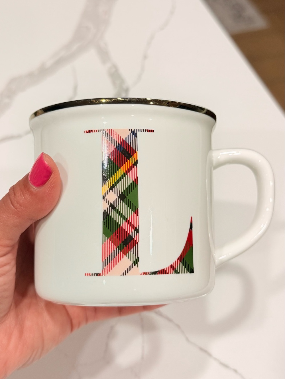 Pottery Barn Monogram "L" Plaid Christmas Holiday Coffee Mug - Picture 3 of 3